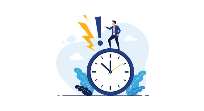 Businessman standing on top of a giant clock with a large exclamation mark and lightning bolt signifying urgent deadlines.