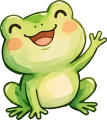 Obraz premium A cute green cartoon frog character smiling happily in a playful and cheerful illustration style