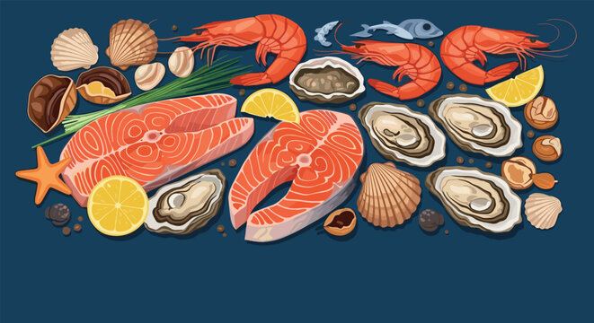 Abundant assortment of fresh seafood including salmon steaks, oysters in shells, shrimp, and scallops on a dark blue background.