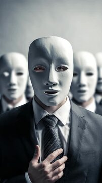 A businessman wear several expressionless masks in an office, symbolizing identity, psychology