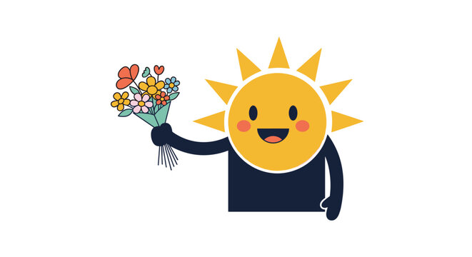 Happy sun character with a smiling face and blushing cheeks holding a colorful bouquet of spring flowers.