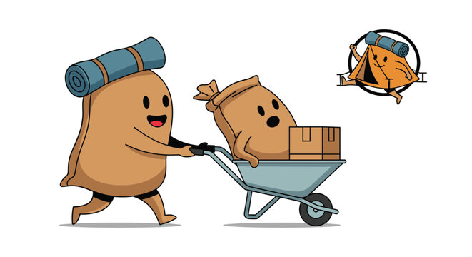 Cute illustration of sacks with faces where one sack pushes another sack sitting in a blue wheelbarrow with a cardboard box on top.
