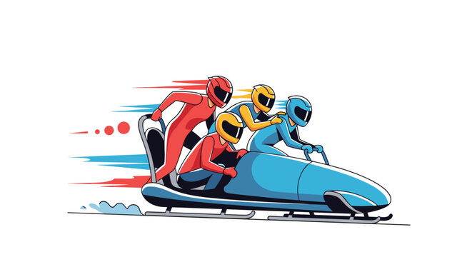 Dynamic illustration of a four person bobsled team racing down a track with speed lines suggesting high velocity and intense competition.