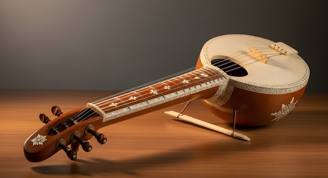 Full view of a Saraswati Veena Indian classical stringed instrument placed on a wooden surface.