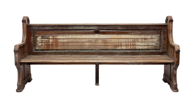 Overhead image of antique pew bench with slatted seat, isolated on a Transparent background, PNG file.