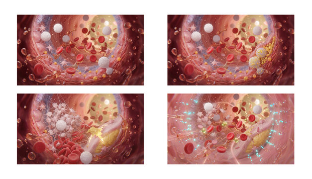 Set for stages of atherosclerotic plaque and thrombus formation. 3D medical illustration