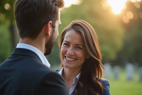 Male funeral director offering comfort with a smile to a grieving woman at cemetery service in close-up portrait.