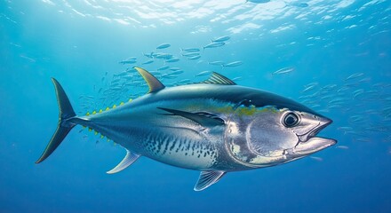 Fototapeta premium Celebrating world tuna day majestic yellowfin tuna swimming in the ocean depths