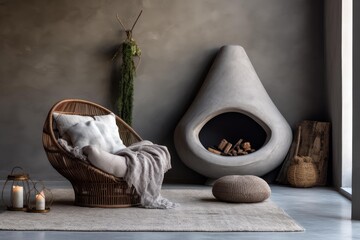 Naklejka premium Cozy, minimalist living room featuring a wicker chair, concrete fireplace, and soft natural decor