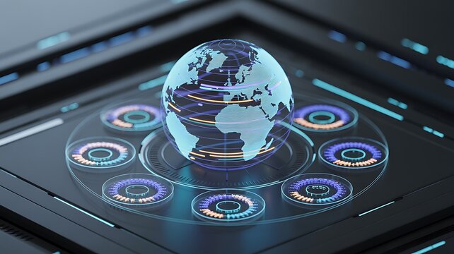 Digital earth globe spinning on interactive futuristic platform with glowing circles.