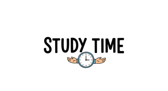 Study time typography design featuring a cute clock character with hands held out to emphasize time management.