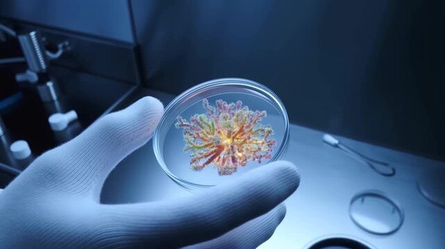 Handheld tracking close up tilt of gloved hand holding petri dish with colorful bacterial colony being examined and rotated on stainless laboratory bench under blue lighting