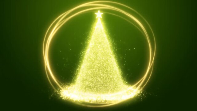 Slow motion animated glowing christmas tree formed by golden particles with swirling light ring on green background
