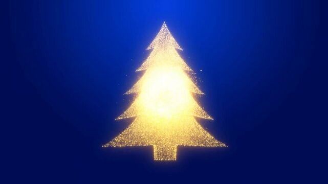 Slow motion particle transformation of glowing golden ring forming christmas tree silhouette on deep blue background