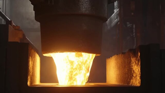 Slow motion close up of molten metal pouring into mold inside industrial foundry plant with heavy machinery
