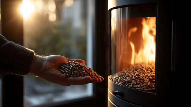 Person holding wood pellets for a biomass fireplace stove.