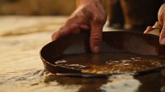 Slow motion close up of prospector panning and sifting for gold in shallow river stream at golden hour evening