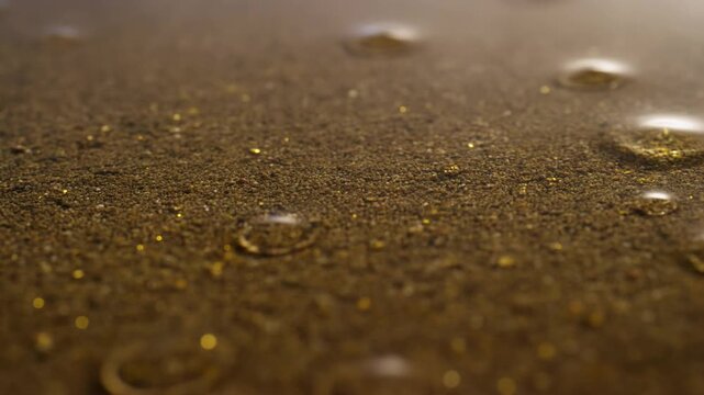 Slow motion tracking shot of water droplets forming and merging on sandy surface with gold flecks close up macro beach shore
