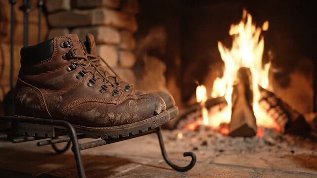 Worn Leather Boots By Roaring Fireplace, Drying After Long Hike Beside Stone Hearth In Rustic Cabin Closeup Reveals Scuffed Laces, Tanned Leather, Soot On Sole, Glowing Embers And Iron Andiron