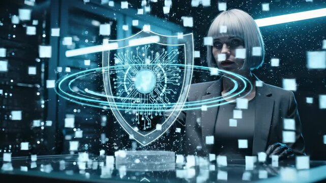 Woman cybersecurity specialist views holographic shield with circuit in data center. Female analyst examines security shield hologram with circuit pattern. Woman views holographic security shield with