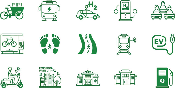 Eco-friendly city transport icons showcase emission-free vehicles and sustainable travel options.