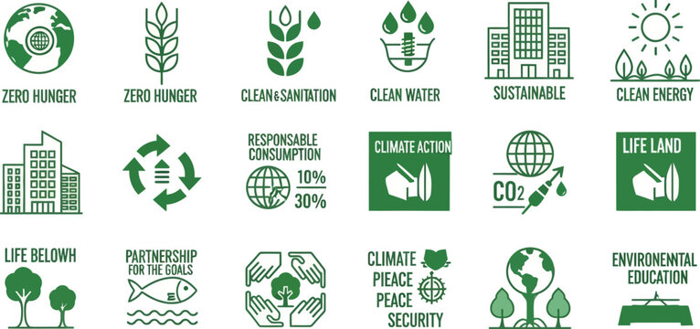 Sustainable icons illustrate global goals for climate action and clean energy.