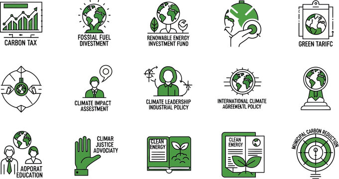 Illustration of various green icons representing climate change and sustainable energy concepts,