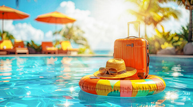 Sunny Pool Float with Suitcase at Tropical Resort