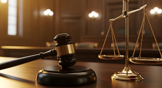 Close-up of gavel on judge desk, symbolizing court trial, justice and legal decisions in courtroom
