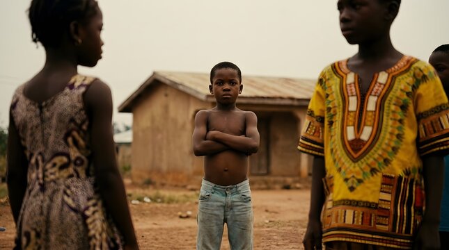 Three children standing in a rural African village with simple buildings in the background under an overcast sky.