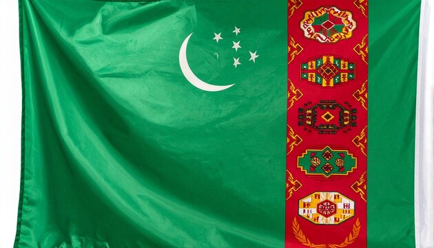Turkmenistan national flag waving fabric with crescent stars and ornate carpet stripe realistic lighting detailed folds high-resolution texture composition