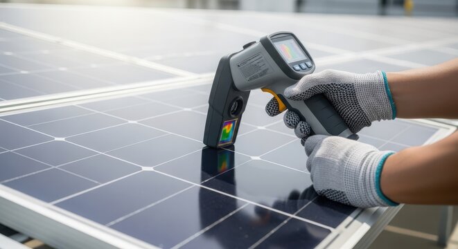 Technician testing solar panel efficiency with handheld multimeter on rooftop installation