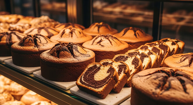 Delicious Swirl Cakes and Pastries Displayed in a Bakery Case