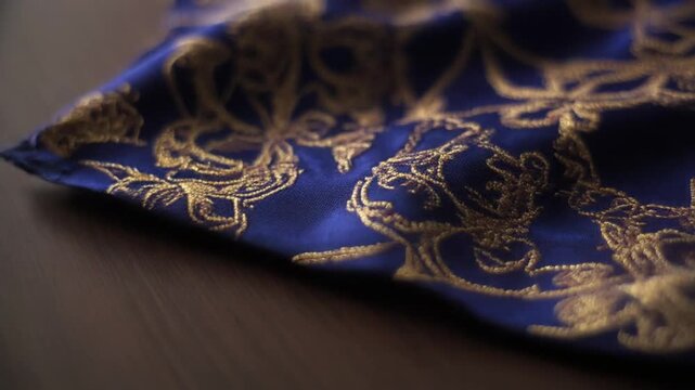 Elegant Blue Fabric with Gold Oriental Pattern