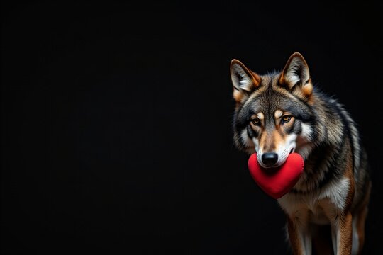 Valentine's Day Wolf with Heart in Mouth on Black Background