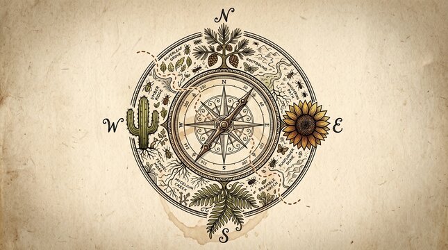 Vintage botanical compass rose illustration, antique nautical map with cactus and sunflower, rustic parchment paper background for travel
