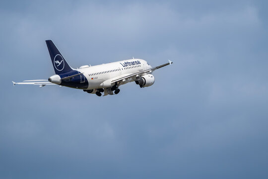 Lufthansa Airbus A319 airplane takes off at LIN Milano Linate international airport