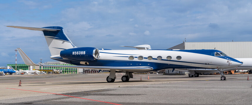 Private owner airplane Gulfstream Aerospace G-V parked at LIN Milano Linate international airport