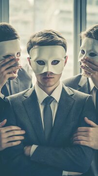 A businessman wear several expressionless masks in an office, symbolizing identity, psychology