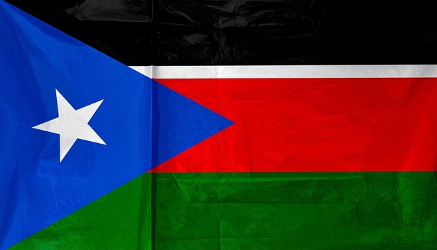 South Sudan national flag waving fabric with star triangle and tricolor stripes realistic lighting detailed folds high-resolution texture composition