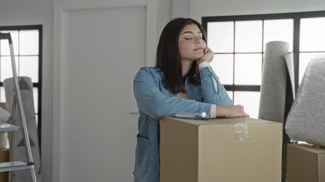 Woman leaning on cardboard box with hand on cheek and arm resting, smiling while surrounded by moving supplies in a building; moving day optimism.