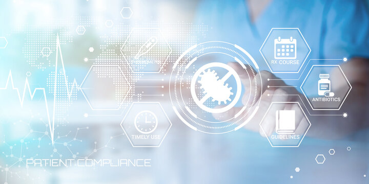 Modern digital illustration emphasizing patient compliance with medical treatment and prescription management system