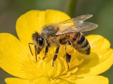 Close-up macro photograph of a honey bee collecting nectar from a vibrant yellow flower, showcasing intricate details of its body and pollen baskets