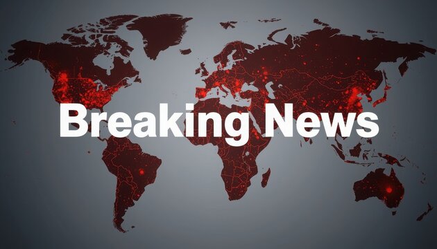 Breaking news title overlayed on a world map with red alerts alert system news update headline information emergency hotspots outbreak coverage geography continents