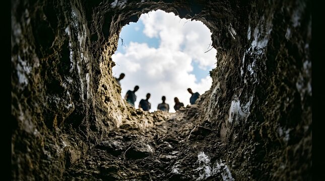 View from inside a deep, dark hole looking up at silhouetted people against a cloudy sky.