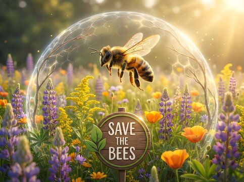 Protecting the Buzzing Life A Bee in a Bubble Over a Wildflower Meadow, Sign Reads Save the Bees