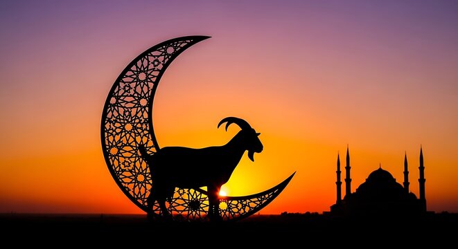 Eid Al Adha Greeting with Goat Silhouette and Crescent Moon at Sunset