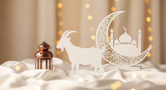 Eid Al Adha Celebration Background with Goat and Mosque Cutouts