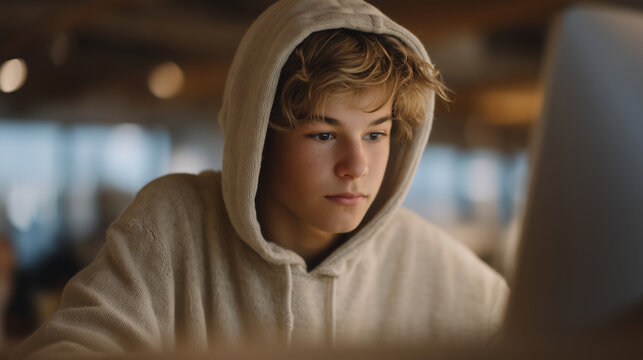 IBM quantum cloud access portal open on library computer, teenage student in hoodie leaning forward intently, public library setting, STEM education access, coding bootcamp, youth computing initiati