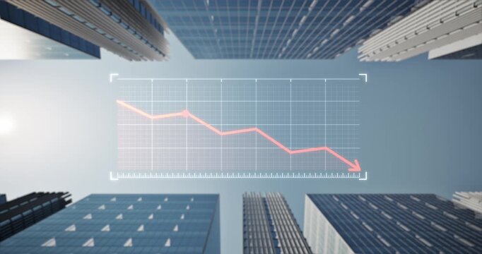 Declining graph with downward arrow against backdrop of towering high-rise buildings in modern city. Represents financial downturn, falling property value and reduced real estate investment returns.